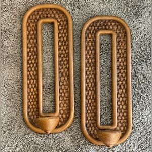 Vintage Homco Candle Holders Wall Sconces Faux Wood/Basket Weave 4186 MCM Decor